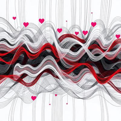 The primary subject of the image is a red and white heart-shaped pattern. The setting is a black and white background, which adds a contrasting effect to the heart pattern. The visual style is a combination of digital art and illustration, creating a unique and eye-catching design. The dominant colors are red and white, which evoke a sense of love and warmth.